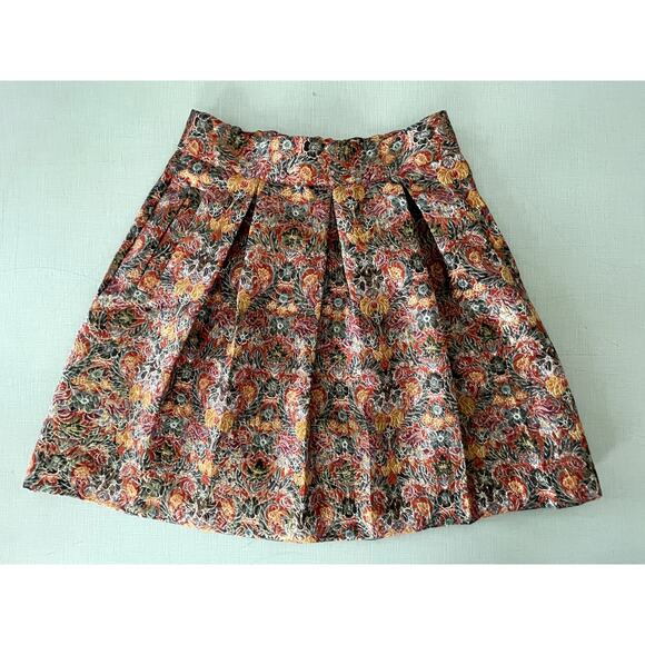 Anthropologie Metallic Skirt Mini Jacquard Holiday Party Boho Floral Pockets Fun - Picture 3 of 13